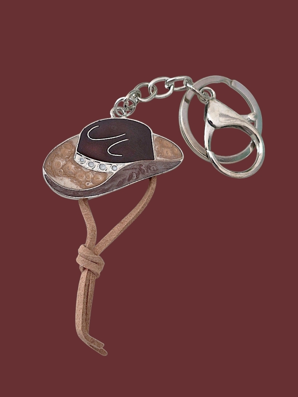 Western Cowboy Hat Bag Charm / Keychain with Tan Suede Tassel